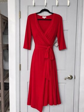 Kiyonna Red Wrap Midi Dress with Self Tie Waist
